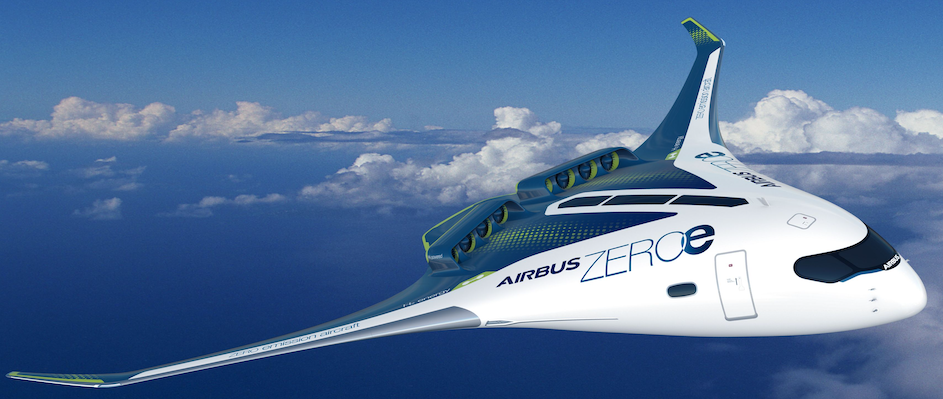 ZEROe ist ein Konzeptflugzeug von Airbus. In der Blended-Wing-Konfiguration sorgen zwei Hybrid-Wasserstoff-Turbotriebwerke für Schub. Die Flüssigwasserstofftanks sind unter den Flügeln untergebracht © AIRBUS 2020