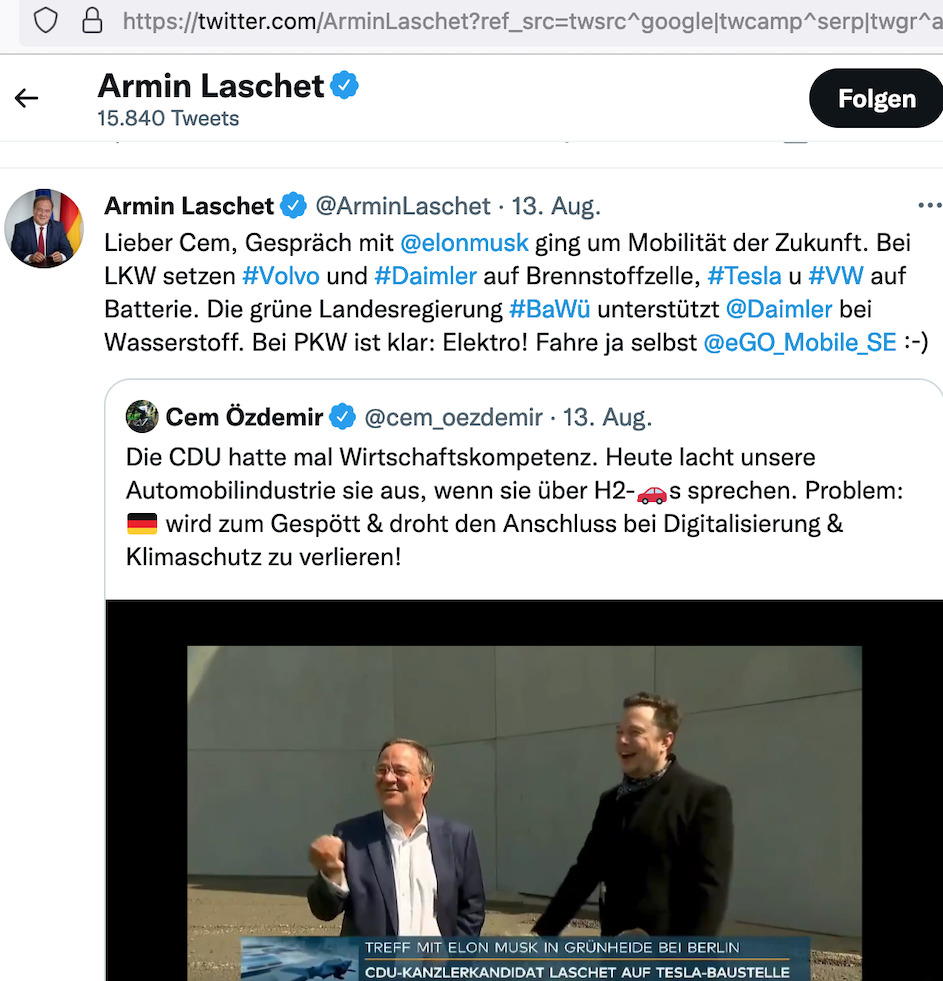 Twitter-Schlagabtausch von CDU-Kanzlerkandidat Armin Laschet mit dem Grünenbundestagsabgeordneten Cem Özdemir nach dem Lachanfall von Elon Musk auf der Tesla-Baustelle in Grünheide bei Berlin © Ausriss aus Twitter.com/Armin_Laschet vom 13. August 2021