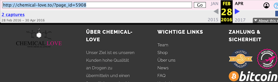 Auf Chemical-Love.to konnte man von Januar 2015 bis April 2016 alle Drogen per Postpaket-Zustellung bestellen, musst allerding mit Bitcoins bezahlen © Screenshot Chemical-Love.to vom 28. Februar 2016