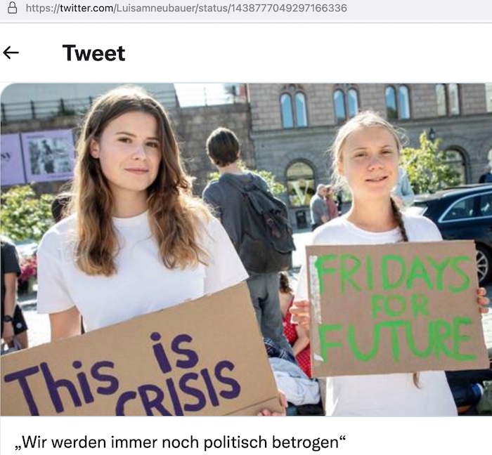 Gemeinsam wollen die deutsche Aktivistin Luisa Neubauer (25) aus Hamburg und die schwedische Initiatorin Greta Thunberg (18) aus Stockholm am 24. September 2021 auf einem internationalen Klimastreik in Berlin auftreten. Zwei Tage vor der Bundestagswahl © Twitter/Luisa Neubauer