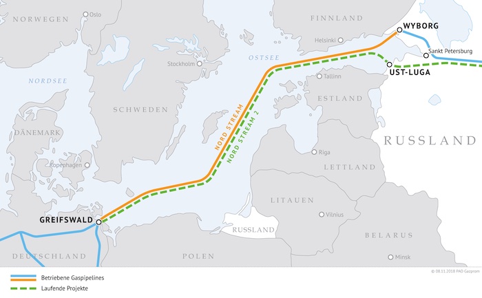 Die beiden Stränge der Pipeline Nord Stream 2 werden eine summarische Jahreskapazität von 55 Milliarden Kubikmetern Gas haben. Somit beläuft sich die summarische projektierte Kapazität von Nord Stream und Nord Stream 2 auf 110 Milliarden Kubikmeter Gas pro Jahr © Öffentliche Aktiengesellschaft Gazprom, abgekürzt PAO Gazprom, Moskau