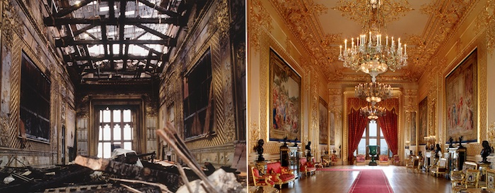 Schloss Windsor: Der Große Empfangssaal vor und nach der Restaurierung. Wegen der Unachtsamkeit eines Restaurators mit einem Heizstrahler stand am 20. November 1992 Schloss Windsor, das größte durchgängig bewohnte Schloss der Welt, in Flammen. Es ist ein Vollbrand, der 15 Stunden wütete und das Schloss aus dem 11. Jahrhundert, der Zeit Wilhelm des Eroberers, schwer beschädigte © Pressefotos Royal Collection Trust rct.uk