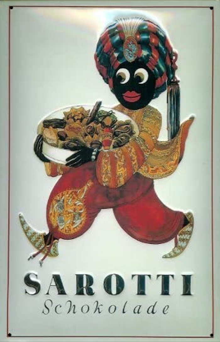 82 Jahre lang von 1922 bis 2002 zierte der Mohr als Markenzeichen die Schokolade, Pralinen und den Kakao der in Berlin gegründeten Schokoladenfabrik Sarotti Emaille-Reklameschild © Amazon.de