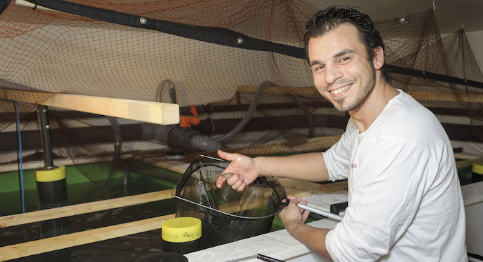 SwissShrimp AG-Mitgründer und Erschaffer des Mini-Meeres Michael Sirgusa an seinem ersten Versuchsbecken 2015 in der Schweiz © SwissShrimp AG-Story