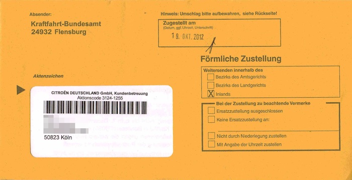 Gelber Brief – förmliche Zustellung vom Kraftfahrtbundesamt in Flensburg (Schleswig-Holstein) © wikimedia.org / Scan von Raimond Spekking, Citroen Köln vom 19. Oktober 2012