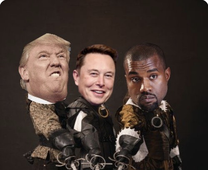 Keine drei unzertrennlichen Musketiere mehr: Ex-Präsident und Truth Social Betreiber Donald Trump (76, links) aus Palm Beach in Florida, Twitter-Boss Elon Musk (51, mitte) aus Austin in Texas und Rapper YE Kanye West (45) aus Hidden Hills bei Los Angeles in Kalifornien © Twitter.com/@ElonMusk Screenshot Jody Serrano / Gizmodo