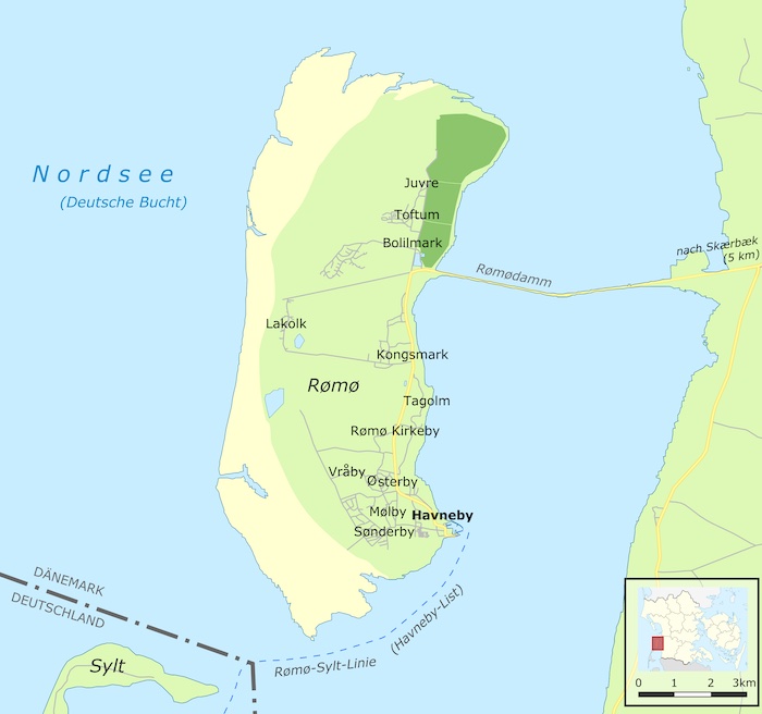 Karte der dänischen Nordseeinsel Römö, 6 Kilometer nördlich von der Insel Sylt © CC BY-SA2.0 Carport