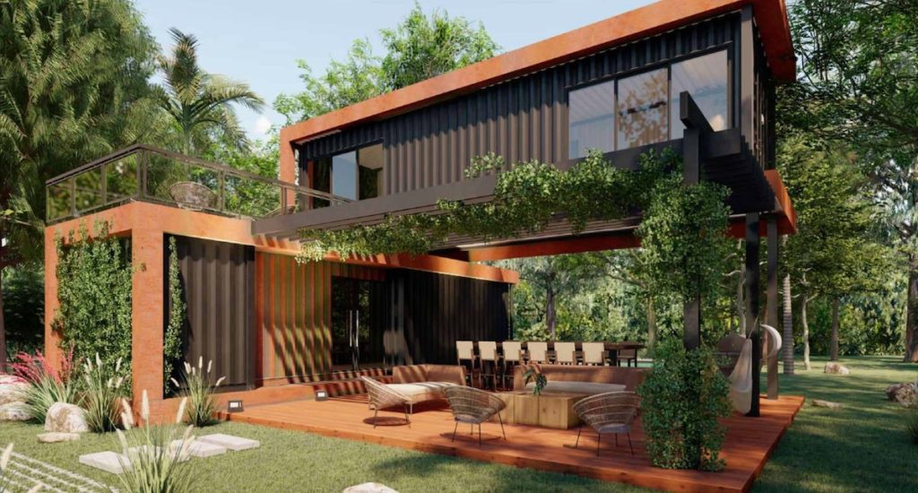 Das zweietagige Tiny House in der Siedlung Viva Paraguay bietet eine Dachterrasse und eine überdachte Bodenterrasse © La Rivera S.A.