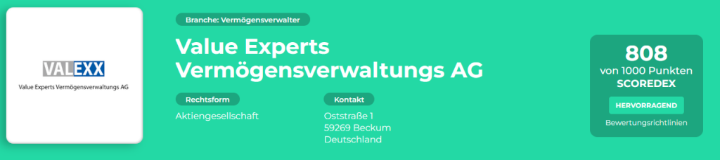 VALEXX AG - Value Experts Vermögensverwaltungs AG (Scoredex Bewertung)